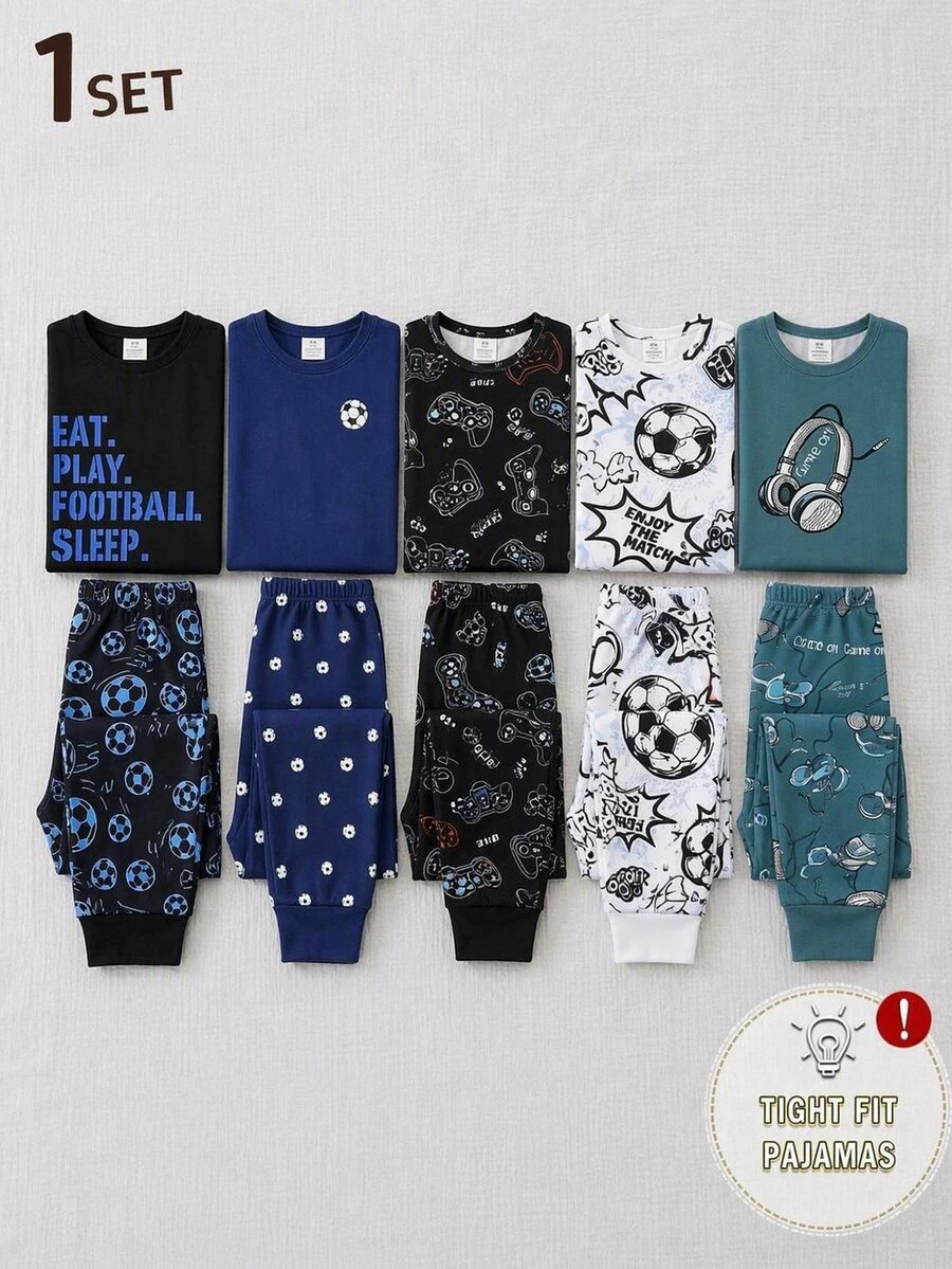 Boys' Black & Blue Fashionable Soccer Print Long Sleeve Snug Fit Lounge Set, Home Wear - Black - View 1