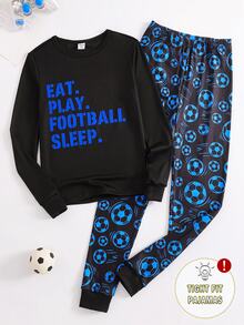 Boys' Black & Blue Fashionable Soccer Print Long Sleeve Snug Fit Lounge Set, Home Wear - Black - View 3