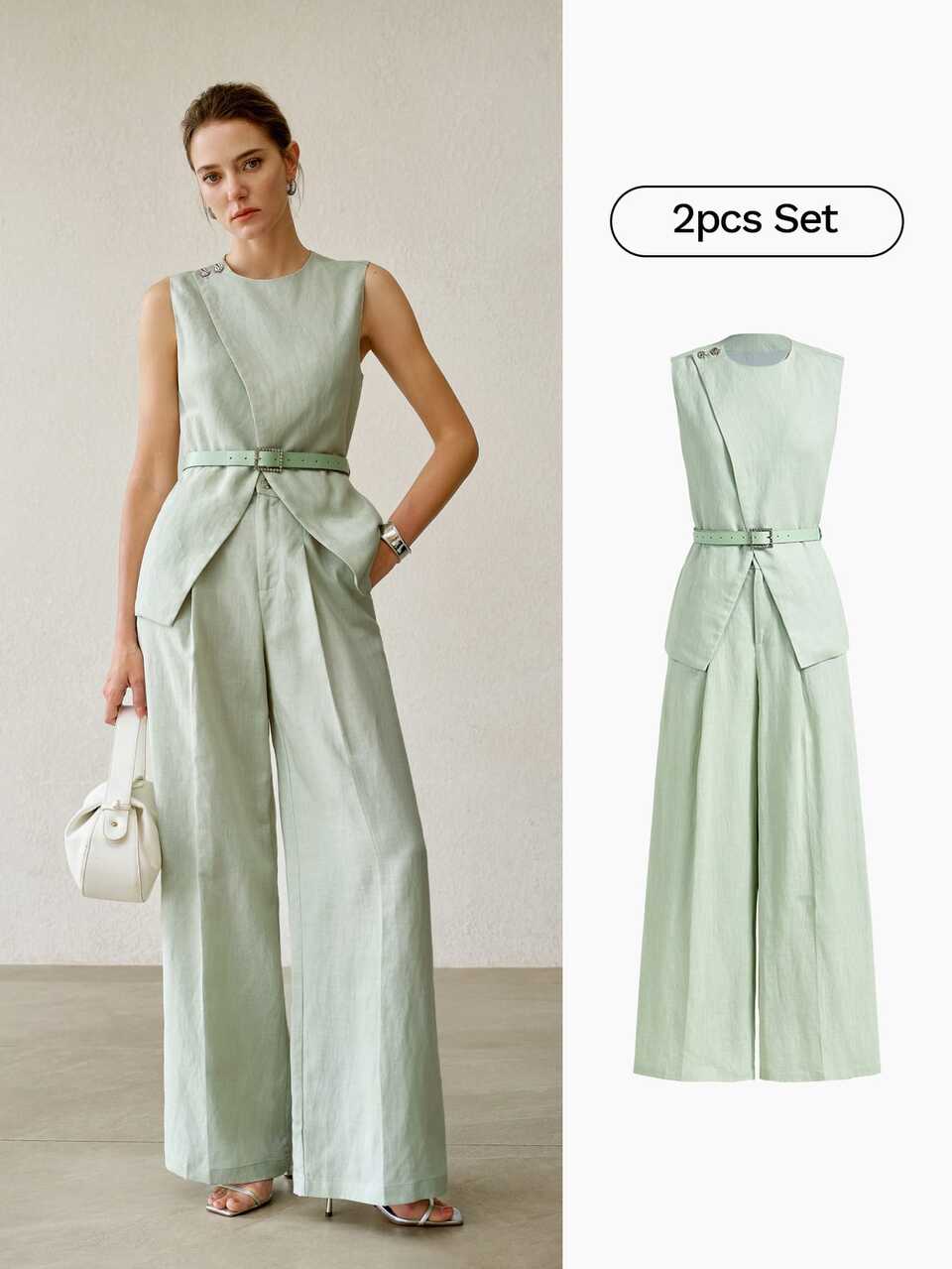 MOTF ELEGANT WOMEN'S MINT GREEN WOVEN FABRIC TWO-PIECE OUTFIT WITH ROUND NECK CAMISOLE AND LONG PANTS
