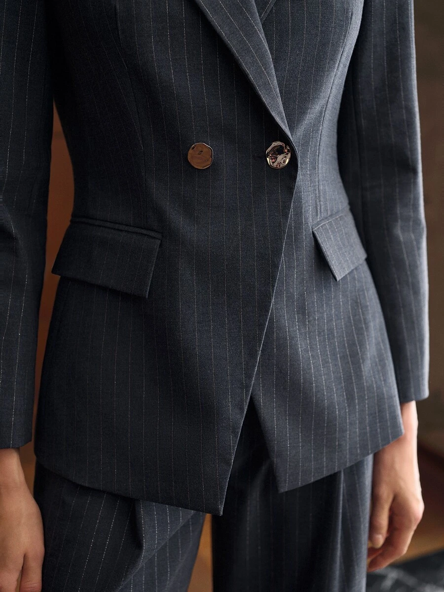 MOTF PREMIUM STRIPED PEAK COLLAR DOUBLE-BREASTED SUIT BLAZER - Grey - View 2