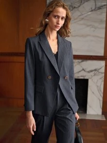 MOTF PREMIUM BLAZER JAS BERGARIS DENGAN KERAH PUNCAK DAN KANCING GANDA - Grey - View 4