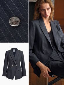 MOTF PREMIUM BLAZER JAS BERGARIS DENGAN KERAH PUNCAK DAN KANCING GANDA - Grey - View 8