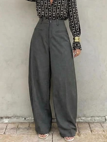 Anewsta Essential 春秋女款休閒梨形身材修飾曲線深灰色寬腿長褲 - 深灰色 - 查看 3