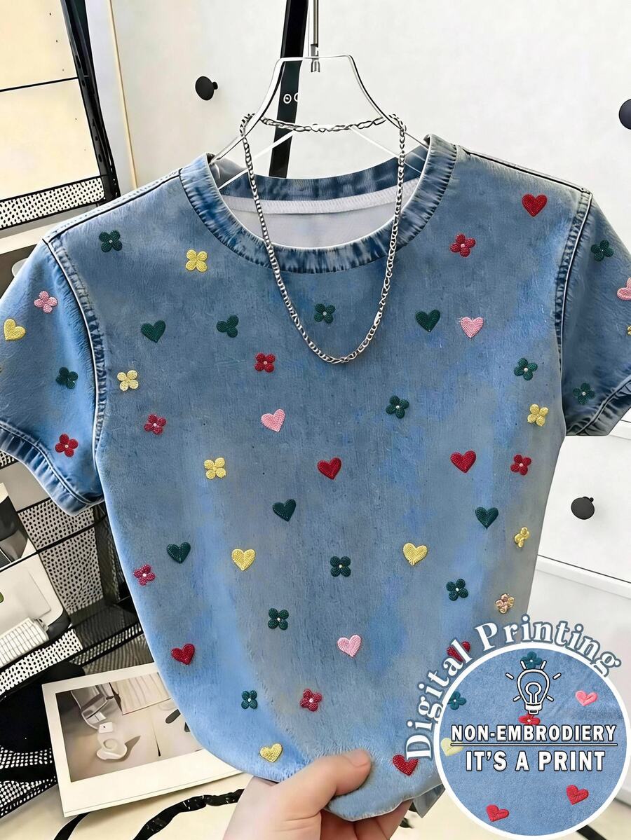 SHEIN Tween Girls T-Shirt, Girl's Top With Faux Embroidery, Faux Beading And Faux Leopard Print, Grey Loose Fit T-Shirt, Random 1pc Sent - Multicolor - View 1