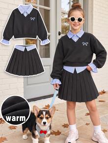 SHEIN Elladie kids 青少年女孩長袖抓絨秋季套裝 連帽衫與運動衫套裝，青少年女孩深灰色保暖內裡兩件套，秋冬休閒長褲 - 彩色 - 查看 1