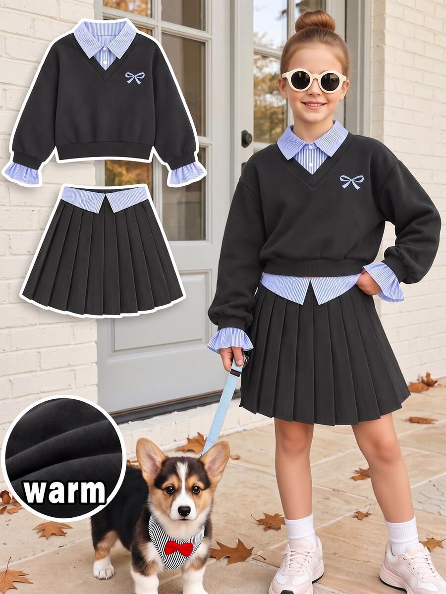 SHEIN Elladie kids 青少年女孩長袖抓絨秋季套裝 連帽衫與運動衫套裝，青少年女孩深灰色保暖內裡兩件套，秋冬休閒長褲 - 彩色 - 查看 1