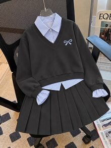 SHEIN Elladie kids 青少年女孩長袖抓絨秋季套裝 連帽衫與運動衫套裝，青少年女孩深灰色保暖內裡兩件套，秋冬休閒長褲 - 彩色 - 查看 8