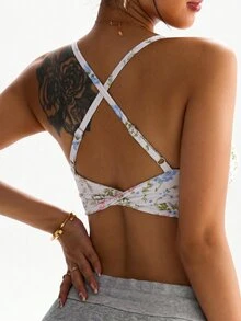 SHEIN Sovereign Charm 女款花卉印花交叉背運動內衣 - 彩色 - 查看 2