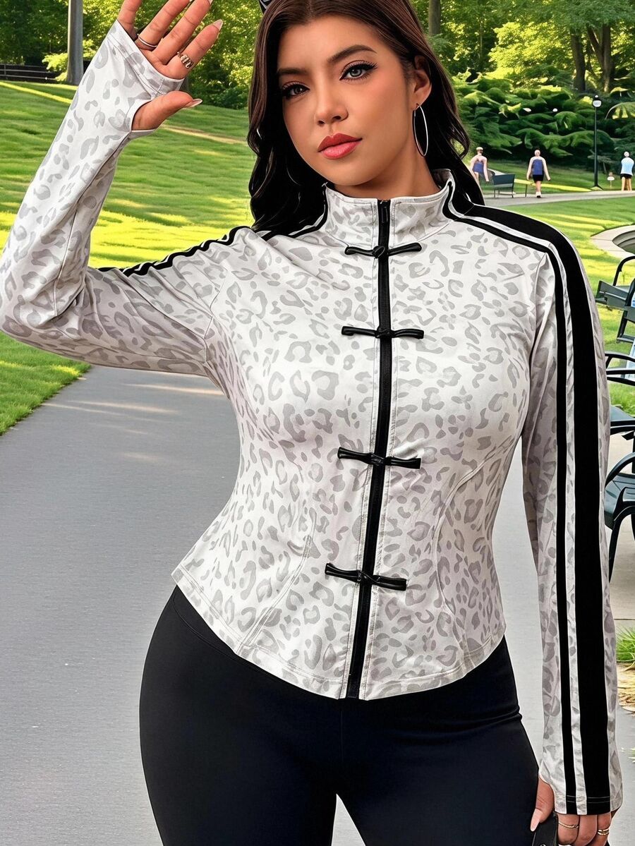 SHEIN EZwear Plus Size Women's Leopard Print Side Stripe Button Design Casual Jacket - Multicolor - View 1