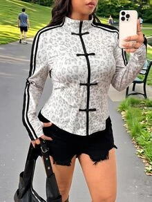 SHEIN EZwear Plus Size Women's Leopard Print Side Stripe Button Design Casual Jacket - Multicolor - View 7