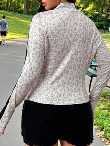 SHEIN EZwear Plus Size Women's Leopard Print Side Stripe Button Design Casual Jacket - Multicolor - View 2