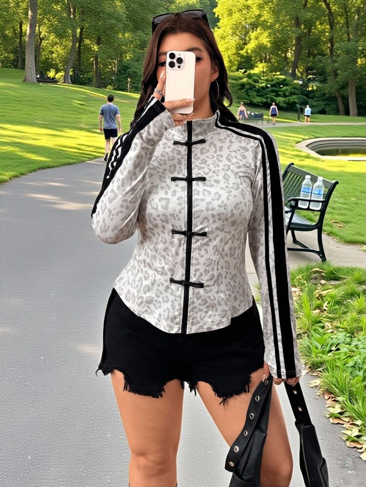 SHEIN EZwear 大尺碼女款豹紋側條紋鈕扣設計休閒夾克 - 彩色 - 查看 5