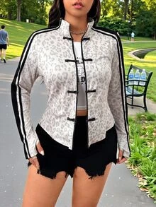 SHEIN EZwear Plus Size Women's Leopard Print Side Stripe Button Design Casual Jacket - Multicolor - View 6