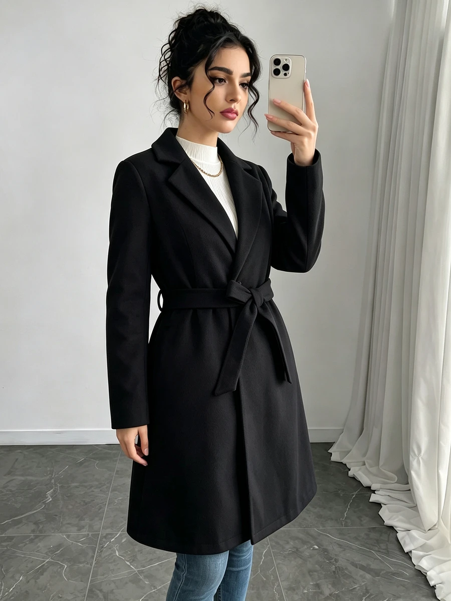 SHEIN Teen Girls Elegant Street Wear Cute Baggy Katseye Overcoat, Fall Clothes, Casual Waist Belt Two Black Buttons, Lapel Design, Work - Black - View 1