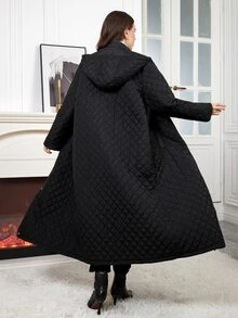Reflora Plus Size Women's Long Black Padded Coat With Hood And Pockets, Versatile For Daily Wear And Outings Family Vacation Hiking Winter Capsule - Black - View 2