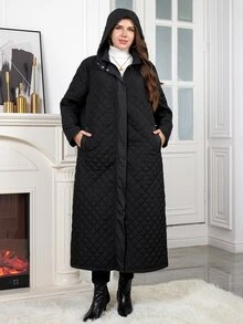 Reflora Plus Size Women's Long Black Padded Coat With Hood And Pockets, Versatile For Daily Wear And Outings Family Vacation Hiking Winter Capsule - Black - View 4