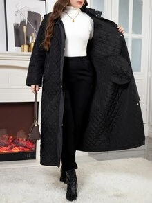 Reflora Plus Size Women's Long Black Padded Coat With Hood And Pockets, Versatile For Daily Wear And Outings Family Vacation Hiking Winter Capsule - Black - View 8