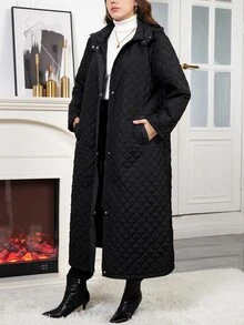 Reflora Plus Size Women's Long Black Padded Coat With Hood And Pockets, Versatile For Daily Wear And Outings Family Vacation Hiking Winter Capsule - Black - View 5