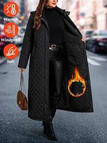 Reflora Plus Size Women's Long Black Padded Coat With Hood And Pockets, Versatile For Daily Wear And Outings Family Vacation Hiking Winter Capsule - Black - View 1