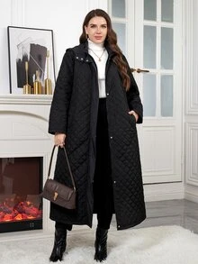 Reflora Plus Size Women's Long Black Padded Coat With Hood And Pockets, Versatile For Daily Wear And Outings Family Vacation Hiking Winter Capsule - Black - View 7