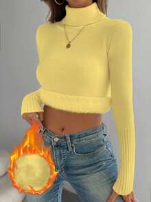 Franclia Sweater Rajut Lengan Panjang Slim Fit Berkerah Tinggi Bahan Fleece Tebal Gaya Musim Gugur/Dingin Eropa dan Amerika yang Serbaguna dan Cocok untuk Semua Orang - Butter Yellow - View 8