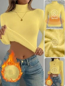 Franclia Sweater Rajut Lengan Panjang Slim Fit Berkerah Tinggi Bahan Fleece Tebal Gaya Musim Gugur/Dingin Eropa dan Amerika yang Serbaguna dan Cocok untuk Semua Orang - Butter Yellow - View 4