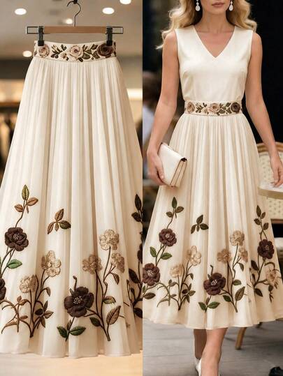 GlowEve Women's Daily Vacation White Floral Pattern Skirt, Summer New Style, Elastic Waist, Vacation, Women's Charming Elegant Skirt, Women's Island Beach Vacation Skirt, Graduation Season, Fashion Casual Commuter Wear, Business Office Wear, Multi-Functional And Fashionable Daily Casual Wear, Urban Teacher Professional
