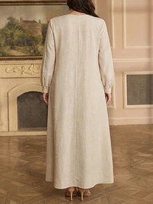 SHEIN Najma Round Neck Loose Apricot Casual Daily Plus Size Women's Turkish Tunic & Arabic Traditional Long Shirt - Apricot - View 3