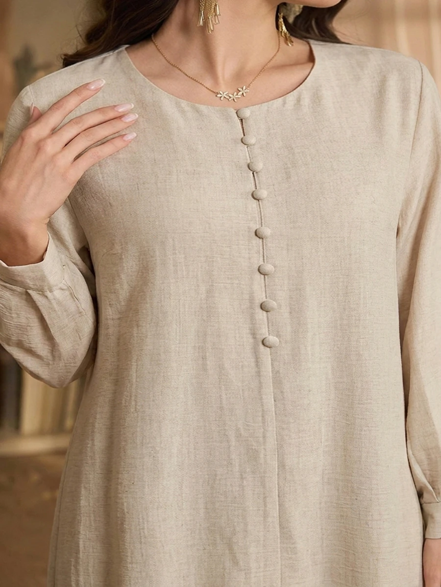 SHEIN Najma Round Neck Loose Apricot Casual Daily Plus Size Women's Turkish Tunic & Arabic Traditional Long Shirt