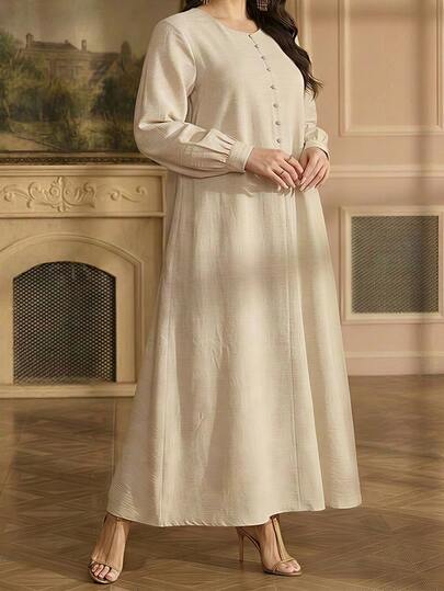 SHEIN Najma Round Neck Loose Apricot Casual Daily Plus Size Women's Turkish Tunic & Arabic Traditional Long Shirt