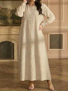 SHEIN Najma Round Neck Loose Apricot Casual Daily Plus Size Women's Turkish Tunic & Arabic Traditional Long Shirt - Apricot - View 6