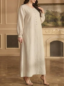 SHEIN Najma Round Neck Loose Apricot Casual Daily Plus Size Women's Turkish Tunic & Arabic Traditional Long Shirt - Apricot - View 7