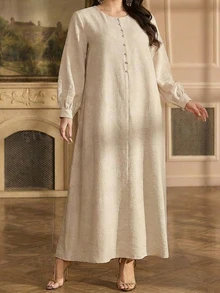 SHEIN Najma Round Neck Loose Apricot Casual Daily Plus Size Women's Turkish Tunic & Arabic Traditional Long Shirt - Apricot - View 4