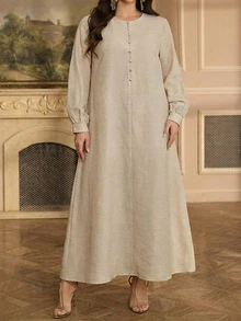 SHEIN Najma Round Neck Loose Apricot Casual Daily Plus Size Women's Turkish Tunic & Arabic Traditional Long Shirt - Apricot - View 5