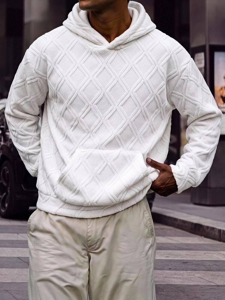 GETOML Men's Casual Rhombus Jacquard Fleece Solid Color Hoodie Diamond Hoodie Romwe Hoodie Blanket Hoodie Long White Hoodie For Men - Apricot - View 8