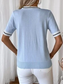 SHEIN Women's Casual Striped Color Block Short Sleeve Knit Top, Spring/Summer - Blue - View 3