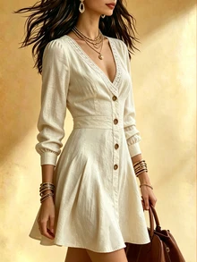 SHEIN Women's V-Neck Lace Patchwork A-Line Fashion Casual Vintage Short Dress - Beige - View 3