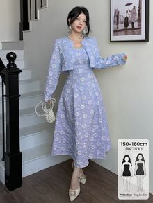 Modelyn Petite 優雅浪漫休閒淺藍色花卉提花夾克洋裝套裝，適合外出、派對、花園、春季穿著 - 淺藍色 - 查看 9