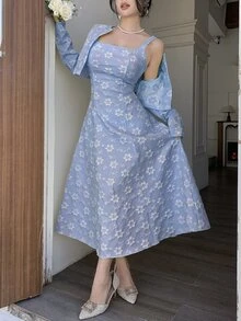 Modelyn Petite 優雅浪漫休閒淺藍色花卉提花夾克洋裝套裝，適合外出、派對、花園、春季穿著 - 淺藍色 - 查看 4