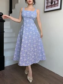 Modelyn Petite 優雅浪漫休閒淺藍色花卉提花夾克洋裝套裝，適合外出、派對、花園、春季穿著 - 淺藍色 - 查看 6