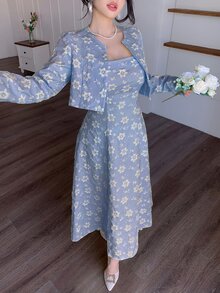 Modelyn Petite 優雅浪漫休閒淺藍色花卉提花夾克洋裝套裝，適合外出、派對、花園、春季穿著 - 淺藍色 - 查看 3