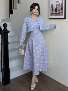 Modelyn Petite 優雅浪漫休閒淺藍色花卉提花夾克洋裝套裝，適合外出、派對、花園、春季穿著 - 淺藍色 - 查看 7