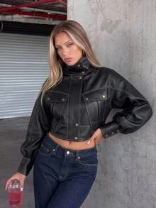 SHEIN ICON Jaket Saku Kancing Bahan PU Gaya Jalanan untuk Wanita - Hitam - View 4