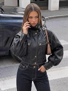 SHEIN ICON Jaket Saku Kancing Bahan PU Gaya Jalanan untuk Wanita - Hitam - View 3