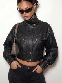 SHEIN ICON Jaket Saku Kancing Bahan PU Gaya Jalanan untuk Wanita - Hitam - View 5