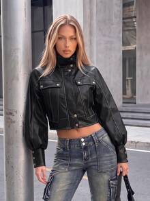 SHEIN ICON Jaket Saku Kancing Bahan PU Gaya Jalanan untuk Wanita - Hitam - View 6