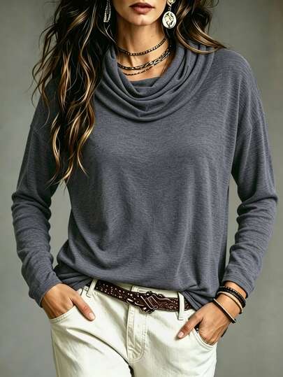 Zayélia Women's Solid Color Casual Versatile Daily Wear T-Shirt Brunch Gray Autumn Brunch Brunch