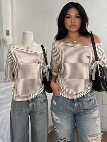 Lalippa 棕色與白色波點數位印花蝴蝶結刺繡極簡海濱風休閒女款圓領T恤，適合送給朋友、旅行與夏季 - 彩色 - 查看 1