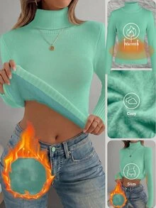 Franclia European & American Autumn/Winter Fashion All-Match Versatile High Neck Thick Fleece-Lined Slim Fit Long Sleeve Knit Base Layer - Mint Blue - View 8