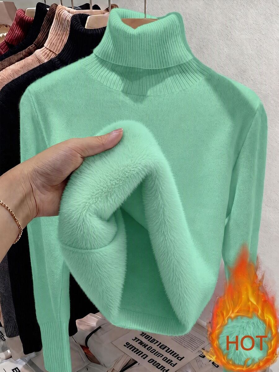 Franclia European & American Autumn/Winter Fashion All-Match Versatile High Neck Thick Fleece-Lined Slim Fit Long Sleeve Knit Base Layer - Mint Blue - View 1